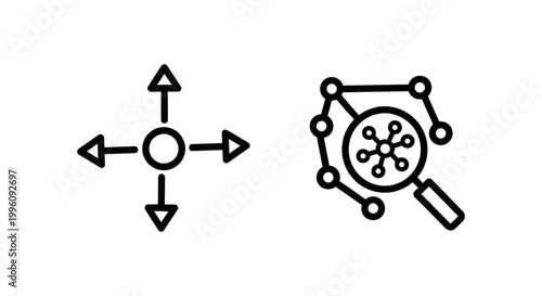 Directional arrows and scientific network icon with direction movement backward navigation research molecule connection analysis information innovation abstract communication strategy