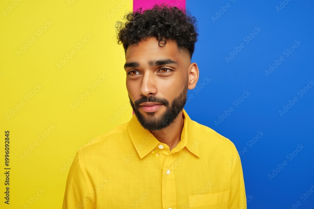 Fototapeta premium Young man with beard looking thoughtful against color block studio backdrop