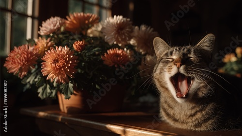 Cat Yawning Beside Blooming Chrysanthemums on Wooden Table in Soft Morning Light Creating Cozy Relaxed Atmosphere for Pet Care and Home Decor