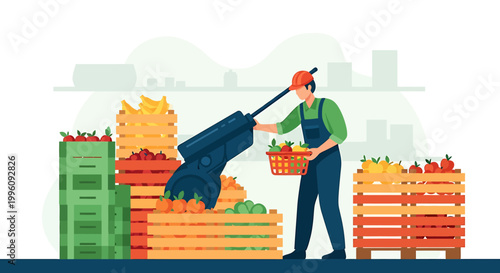 Farmer Harvesting Fresh Produce From Wooden Crates.