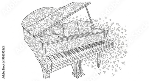 Grand Piano Composed of Musical Notes and Symbols.