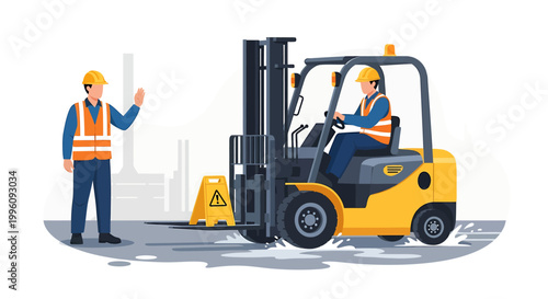 Forklift operator and worker in a warehouse setting.