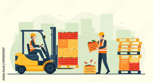 Forklift operator and worker in warehouse moving cargo.