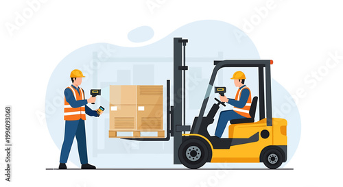 Forklift operator and worker in warehouse moving boxes.