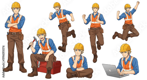 Construction Worker Character Set Diverse Poses.