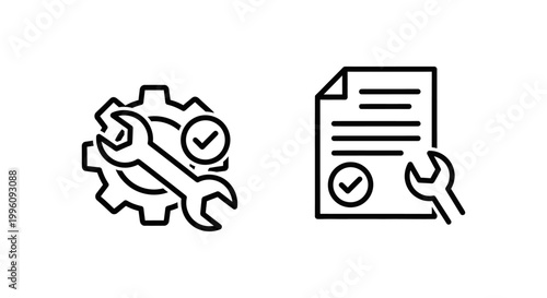 Fix implementation and apply fix icons with implementation solution correction improvement document checklist cogwheel mechanical illustration business technical maintenance troubleshootin
