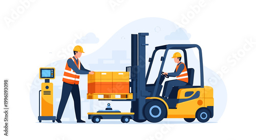 Forklift operator and worker loading cargo in warehouse.