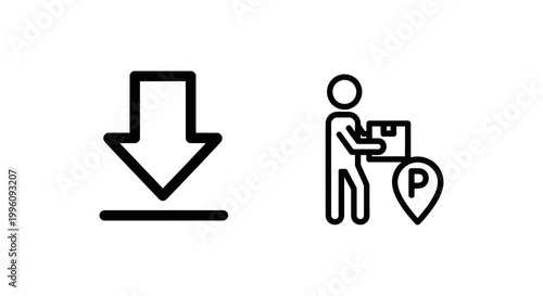 Download icon and delivery person with package and location pin download delivery location shipping logistics transport recipient tracking illustration transfer internet business commerce