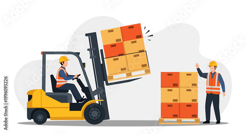 Forklift operator moving boxes in a warehouse with a colleague.