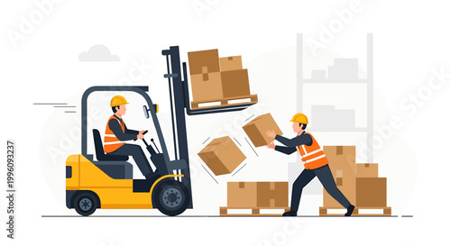 Forklift operator moving boxes in a warehouse with worker assisting.