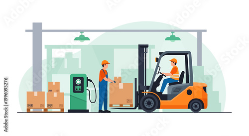 Forklift truck driver refueling at a charging station in a warehouse.