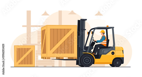 Forklift truck lifting wooden crate in warehouse.