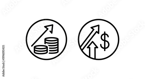 Investment return and roi icons: stacked coins with upward arrow and dollar sign with upward arrow investment business earnings illustration increase progress development performance analysis