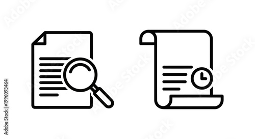 Policy audit and governance log icons: magnifying glass on document and scroll with clock governance document magnifying investigation analysis management compliance regulation business