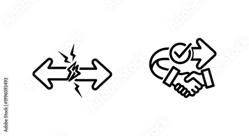 Conflict sync and resolution icons: lightning bolt between arrows and handshake with checkmark conflict resolution communication disagreement agreement handshake solution collaboration
