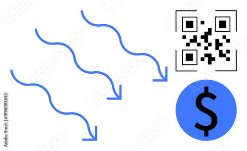 Digital transactions, financial technology, QR payments, e-commerce, mobile banking, cashless economy. Arrows, QR code and dollar sign in minimal design. Digital transactions and financial