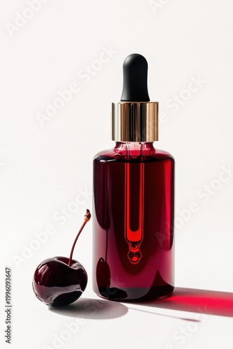 Luxury Cherry Serum Dropper Bottle Skincare Product on White Background, Beauty Cosmetics
