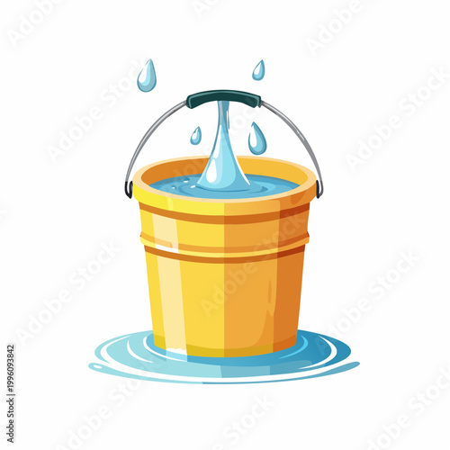 Yellow bucket overflowing with water and splashing
