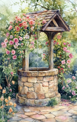 Romantic Floral Garden Well Watercolor Painting, Rustic Countryside Art Print