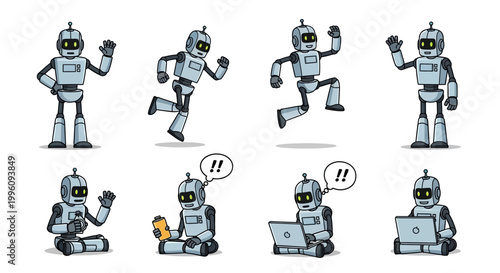Collection of Cute Robot Characters in Various Poses.