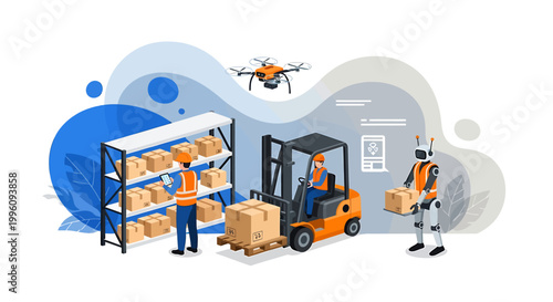 Modern warehouse logistics with forklift drone and robot automation.