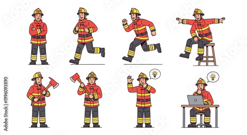 Firefighter Character Set Diverse Poses Actions.