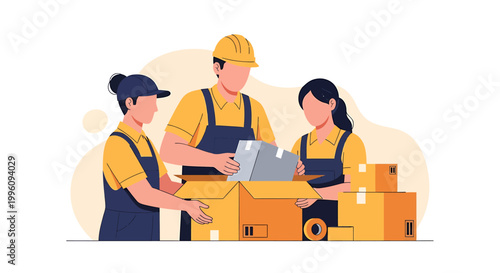 Team of movers packing boxes for relocation service.