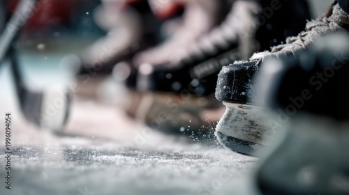 Ice Hockey Skate Blades Close-Up on Ice with Snow Spray Dynamic Winter Sport Action