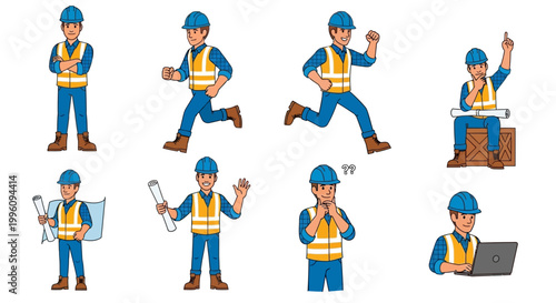 Construction Worker Character Set Diverse Poses And Actions.