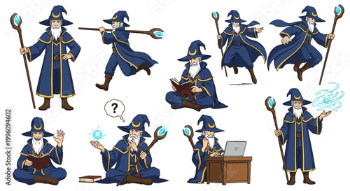 Collection of Wizard Characters in Various Poses and Actions.