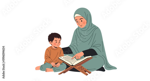 Muslim Mother Teaching Son to Read Quran: Islamic Religious Education, Parenting and Spiritual Bonding Concept on White Background