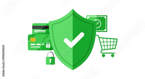 Secure Online Payment Concept: Green Protection Shield with Credit Cards, Padlock, and Shopping Cart for Digital Transaction Safety