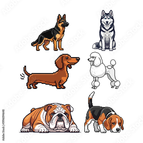 Adorable canine companions in vibrant pixel art style, showcasing diverse dog breeds