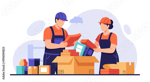 Two movers packing boxes for relocation service.