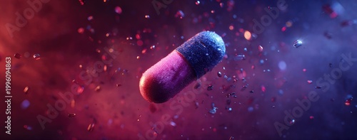 A single capsule floats in a cosmic nebula with glowing particles.