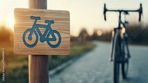 Wooden bicycle sign cyclist riding bike path sunset outdoor recreation cycling trail active lifestyle
