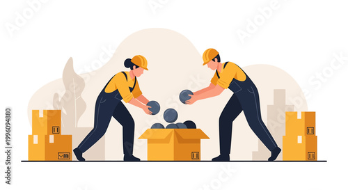 Two Movers Packing Boxes with Spheres for Relocation.