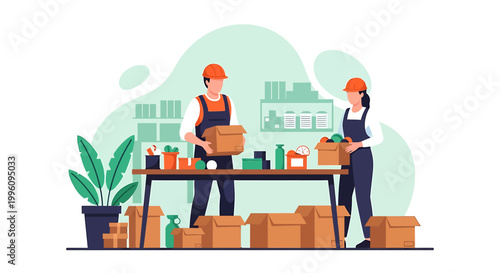 Two people packing boxes in a warehouse setting.