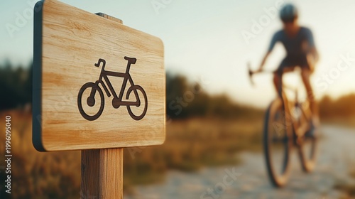 Bike path wooden sign blurred cyclist background cycling route outdoor sport recreation travel concept