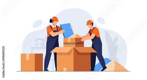 Two workers packing boxes for moving and delivery services.