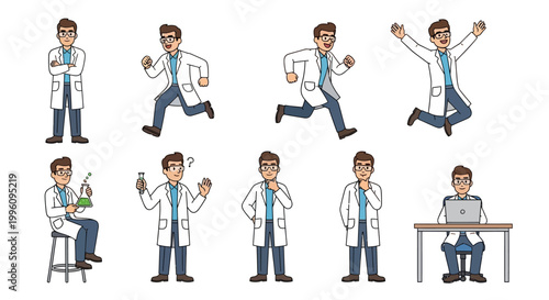 Scientist Character Set Diverse Poses And Actions.