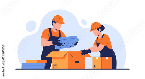 Two workers in uniform packing boxes for shipping.