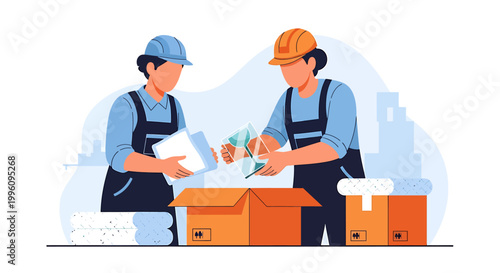 Two workers packing boxes for shipping and delivery.