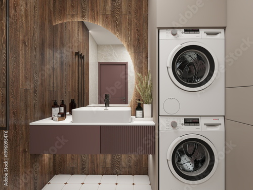 Modern compact bathroom-laundry with stacked Bosch washer-dryer, mauve floating vanity with ribbed detail, white vessel sink, black faucet, round mirror, wood panels, marble tiles, white floor with br