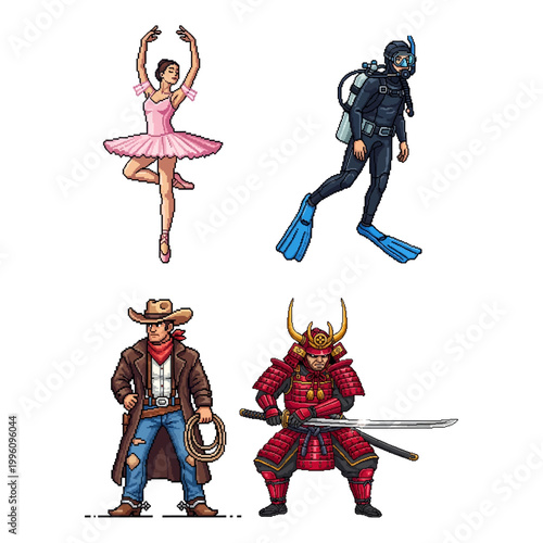 Vibrant pixel art character set featuring a graceful ballerina, skilled scuba diver, rugged cowboy, and noble samurai warrior