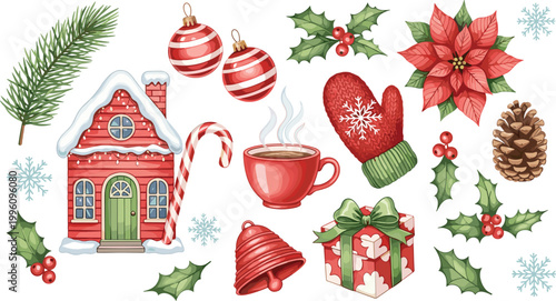 Christmas Holiday Illustration Set with Festive Decorations, Gifts, and Winter Elements for Seasonal, Holiday, and Celebration Design Projects