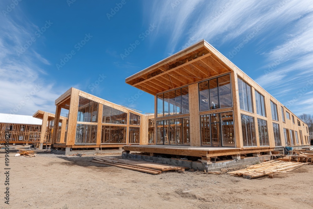 Obraz premium Modern Wooden Building Under Construction with Large Windows.