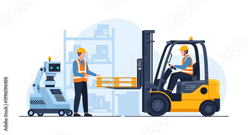 Warehouse worker and robot assisting forklift operation.
