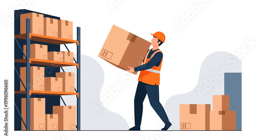 Warehouse worker carrying a large cardboard box to a shelf.