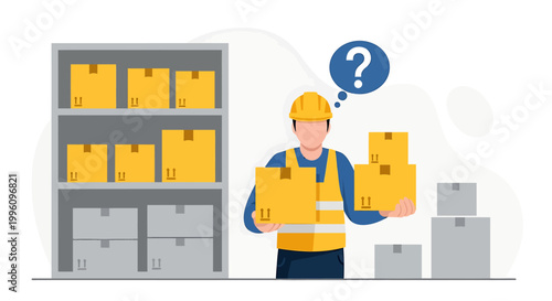 Warehouse worker confused about inventory boxes.